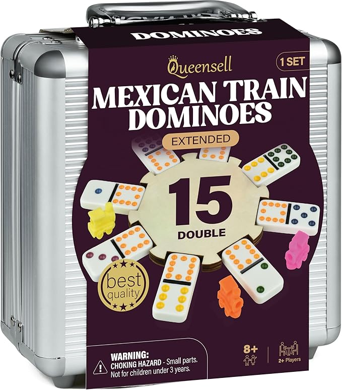 Queensell Mexican Train Dominoes Set Double 15, Dominoes Set for Adults and Family, Mexican Train Double 15 Dominoes Set Colored Dot - 136 Tiles, 9 Trains, Wooden Hub, Aluminum Case (Double 15)