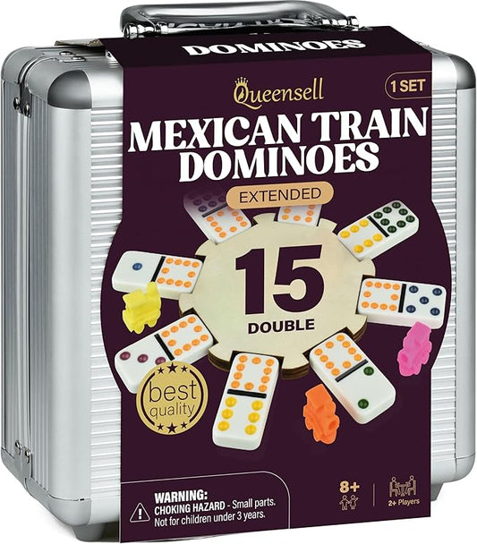 Queensell Mexican Train Dominoes Set Double 15, Dominoes Set for Adults and Family, Mexican Train Double 15 Dominoes Set Colored Dot - 136 Tiles, 9 Trains, Wooden Hub, Aluminum Case (Double 15)