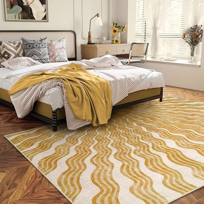 Boho Machine Washable Rug 6x9, Sun Print Soft 6x9 Nursery Rug for Bedroom, Ultra-Thin Non Slip Kids Large Carpet for Living Room Classroom Playroom Office(6'x9',Gold/Multi)