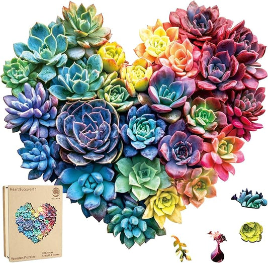 Heart Succulent Puzzles for Adults 200 Pieces, 5MM Thick Unique Shaped Flower Jigsaw Puzzles Birthday Gifts for Kids Family Game 11.8 * 12.6inch