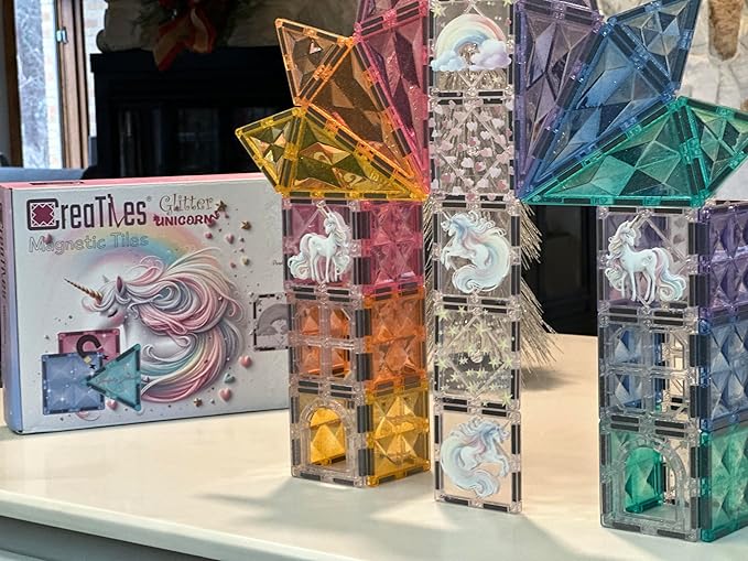Glitter Unicorn Pony Magnetic Tiles: Building Blocks Toys for Kids - Hearts, Stars, Rainbow Castle Playset for Creative Kids, STEM Frozen Princess Birthday Gift for Girls Ages 3 4 5 6 7 8 and Up