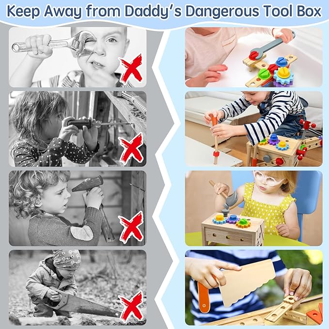 AiTuiTui Wooden Kids Tool Set, 29Pcs Montessori Toddler Toys with Tool Box, Educational Pretend Play Construction Stem Learning Toys for 2 3 4 5 Year Old Boy Girl, 1st Birthday Gifts