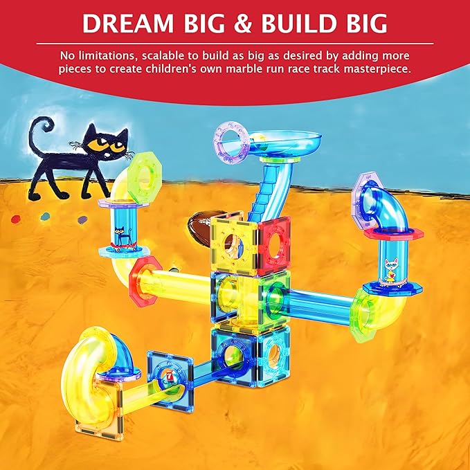 PicassoTiles 62 Piece Magnetic Marble Run Pete The Cat Marble Maze Marbles for Kids Race Track Toy Set Sensory Toys for Toddlers STEM Education Magnet Building Blocks Construction Tiles Boys Girls 3+