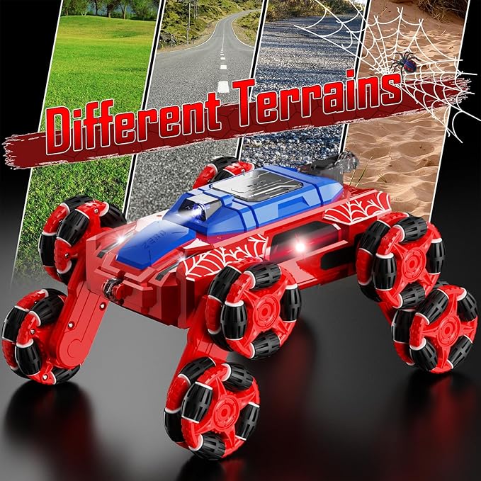 Spider Remote Control Cars Toys, 8WD Off Road Stunt Car with Gesture Sensing, Drift RC Car with LED Light, Music and Spray, Toys Gifts for 6 7 8-12 Years Old Boys Girls (Red)