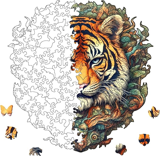 Wooden Puzzles for Adults, Jungle Tiger Unique Shaped Wooden Jigsaw Puzzle, Premium Wooden Box Animals Wood Cut Puzzles, Birthday, 187 Pieces, 11.81"x11.22"
