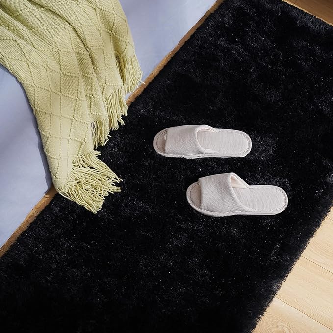 Amearea Shag Fluffy Area Rug for Bedroom Girls Living Room, Extra Soft and Fuzzy Shaggy Rugs, Non Slip, Solid Color Carpet Mat for Boys Nursery Home, Black 2x6 Feet