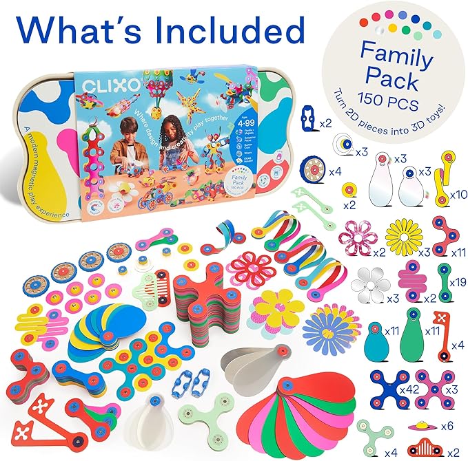 Clixo Family Pack – 150-Piece Flexible Magnetic Building Toy for Creative Family Play | STEAM Learning, Open-Ended Play. Perfect for Collaborative Fun, Travel, and Educational Bonding. Ages 4+