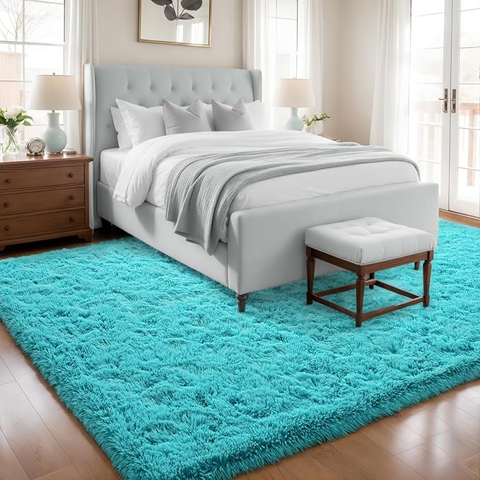 Teal Blue Fluffy Soft Living Room Bedroom Rug, 4x6 Area Rugs Super Soft Shaggy Carpet for Living Room Classroom Kids Babys Playroom Toddler Nursery Dorm Home Decor, Modern Indoor Non Slip Rug