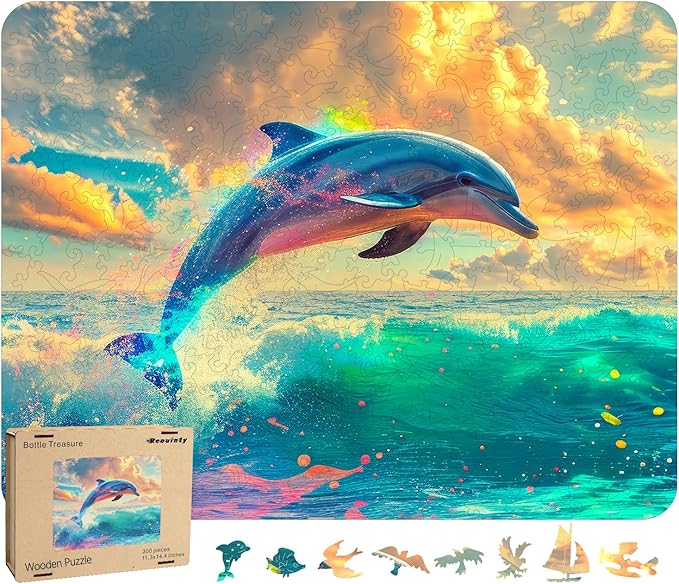 Wooden Puzzle for Adults, Dolphin Wooden Jigsaw Puzzles(19.1 * 15.2in-500pcs), Beautiful Wooden Puzzle with Box Birthday Gifts for Adults and Kids Family Game