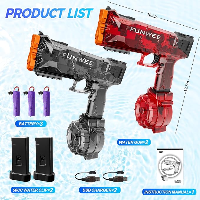 2 Pack Electric Water Guns for Adults Kids, Most Powered Full Automatic Water Squirt, High Capacity Long Range Classic Fully Strongest Water Blaster, Outdoor Swimming Pool Gift Toy