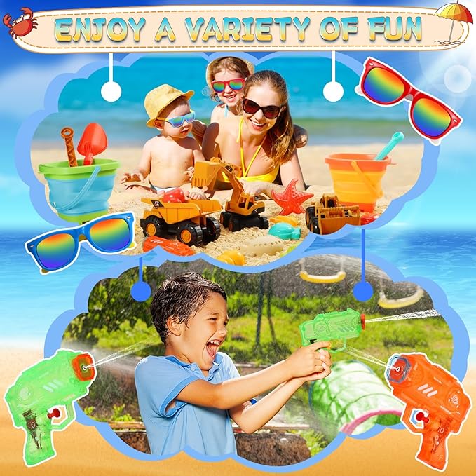 Beach Toys for Kids, Sand Toys with 2 Collapsible Beach Bucket,3 Dump Truck,2 Sunglasses,Ocean Molds,Sandbox Shovel,2 Mesh Bag Sand Castle Building Kit Travel Beach Essentials for Toddler 3-10