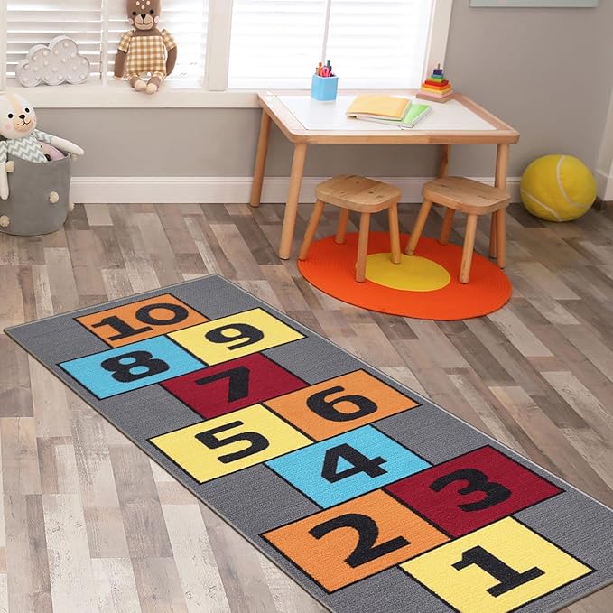 Ottomanson 2'7" x 6' Hopscotch Kids Rug - Play Mat for Playroom, Bedroom, Daycare & Classroom - Fun & Interactive Game Carpet - Durable and Non-Slip - Perfect for Learning & High-Traffic Areas, Gray