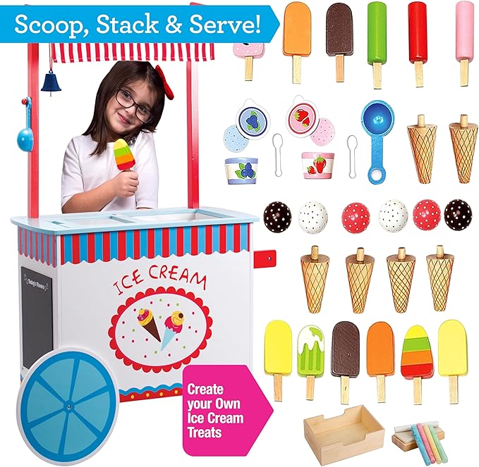 Ice Cream Cart Kids Pretend Play Stand- 33+ Pc Accessories, Realistic Premium Wooden Toy Activity Set, Money Box Chalkboard & Icecream Truck- Popsicles Cones Unique Flavors- Girls Boys Role Play Gift