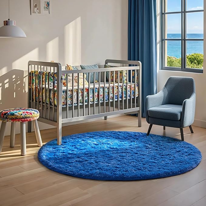 Ophanie Round Rug 4Ft Blue Circle Area Rug, Boys Room Decor, Fluffy Fuzzy Bedroom Carpet, Plush Soft Shaggy Living Room Rugs for Kids Home Decor Aesthetic, Nursery