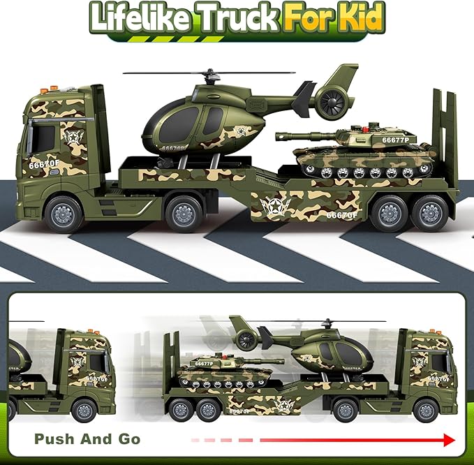 Toddler Boy Toys for 3 4 5 6 7 Years Kids, 25" Semi Army Truck Toy with Helicopters and Tank, Friction Powered Military Toys with Lights and Sounds, Birthday for Boy Girls