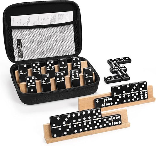 Dominoes Set for Adults with 4 Wooden Racks/Trays, Double Six Dominoes Travel Set with Portable Case Double 6 Dominoes Set with 4 Tiles Holders, 28 Tiles Dominos Set for Family Board Games - Black