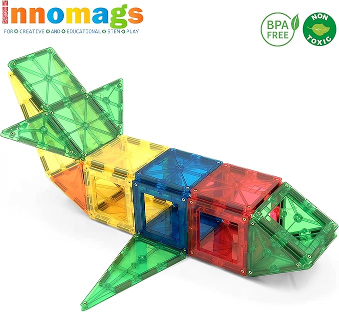 Magnet Tiles 110 Piece Magnetic Building Blocks Jumbo Tile Set, Clear 3D Magnetic Tiles Stem Educational Construction Playboards for Kids, Creative Clickins, Wheels, Bag, Safety Certified