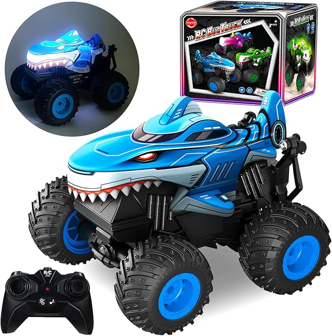 Monster Truck Toy, Shark Remote Control Car, 2.4Ghz Rchargeable Rc Truck with Music,Lighting Effect,360° Rotating Stunts RC Car Toy for Kids 3-5 6 7 8-12