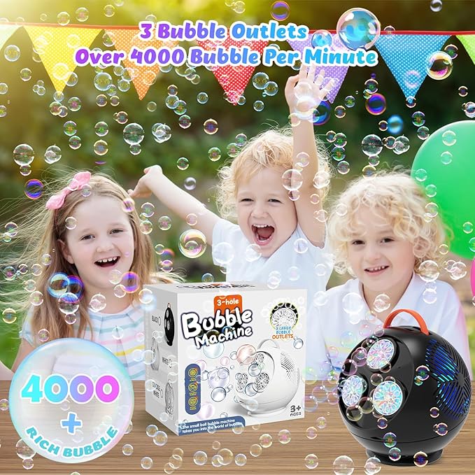 Bubble Machine for Kids Toddlers,45°/360° Automatic Rotation Spherical Bubble Maker Toy with RGB Light,Rechargeable Type-C Charge Bubble Blower,Outdoor Wedding Party Birthday Gifts (Black)