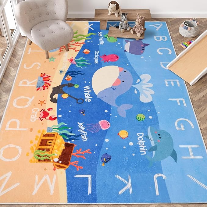 Kids Rugs for Playroom,78.7"X59" ABC Alphabet Whale Kids Rug,Non-Slip Ocean Kids Rug Play Mat,Washable Educational Classroom Rug Kids Area Carpet for Kids Room Bedroom Nursery Playroom