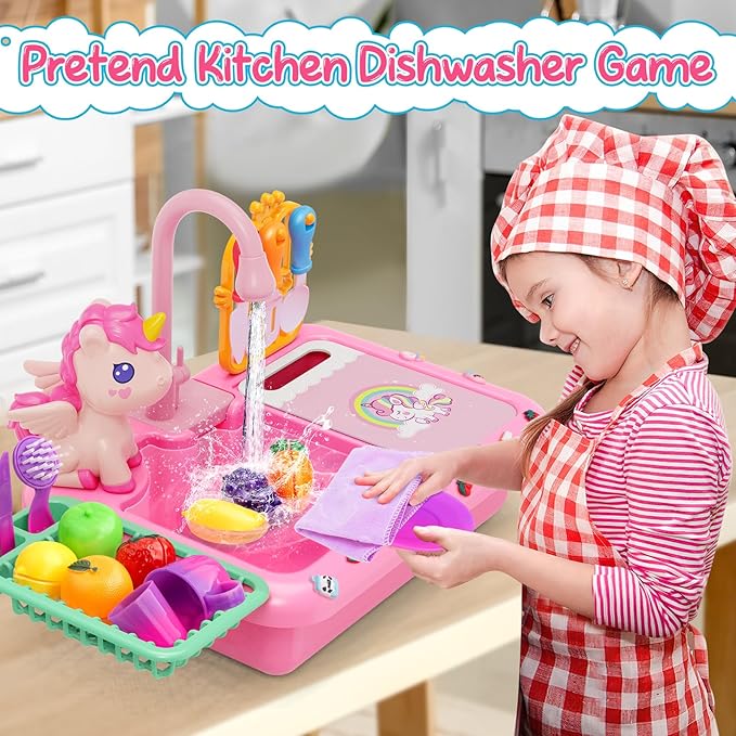 deAO Play Kitchen Sink Toys,Kids Electric Dishwasher Play Sink with Running Water, Play Kitchen Accessories,Real Faucet for Water Play, Pretend Play for Toddlers 3+,Pink