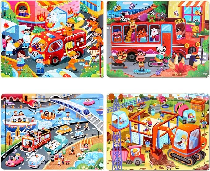 4SET Puzzles for Kids Ages 4-6 - 24 Pcs Wooden Realistic Montessori Toddler Puzzles Ages 3-5 - Construction Vehicles Learning Games for Boys and Girls 4-8 Year Olds
