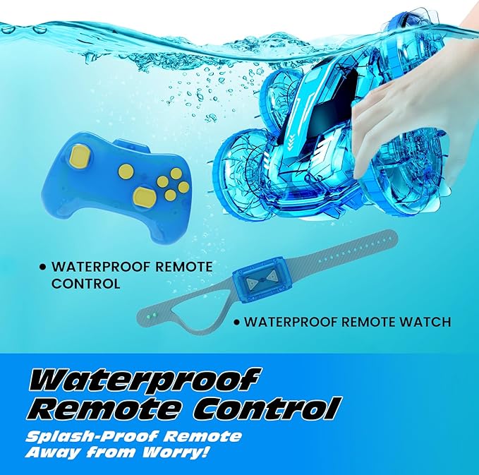 Tecnock Amphibious Remote Control Car Boat for Kids, 4WD RC Stunt Car with Waterproof Remote Control, 2.4GHz Gesture RC Cars with LED Lights, Water Pool Toys Gifts for Boys, Girls