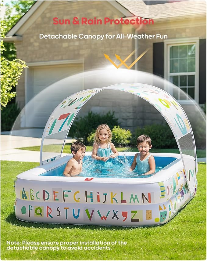 QPAU Kiddie Pool – 65" x 39" Inflatable Pool for Kids & Toddlers, Ball Pit & Baby Pool with Soft Cushioned Floor, Canopy for Sun Protection, Durable Outdoor Play Toys for Backyard & Indoor (Blue)