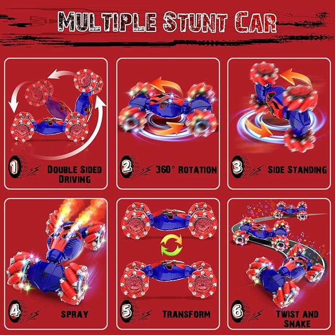 Spider Remote Control Stunt Car: Christmas Birthday Gifts for Boys Toys Ages 6-12 - 2.4Ghz Gesture Sensing Remote Control Cars with Light and Music Spray - 8WD Drift 360° Rotating RC Car for 7-14 Kids