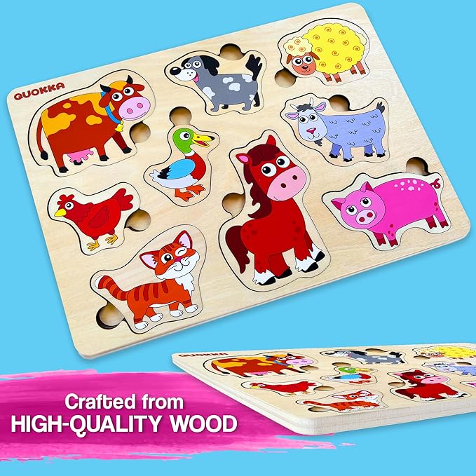 QUOKKA Farm Animals Wooden Puzzles for Toddlers 3-5 - Toddler Puzzles 1-3 Years Old - Gift Domestic Animals Educational Toys for Boys & Girls - Wood Games for Children's Learning 2-4