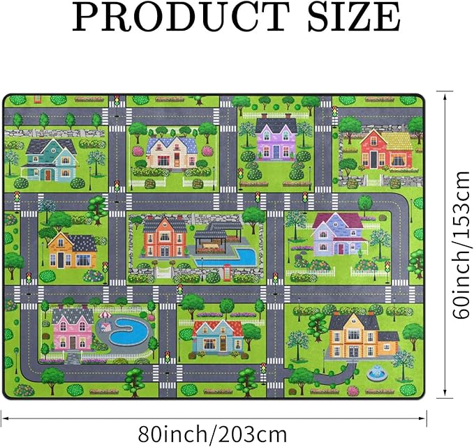 Kids Rug, Village Road Playmat Rugs - 5x7 Ft Kids Carpet with Rubber Backing, Cartoon American Style Village Theme House & Road Play Mat Nursery Rugs for Children Bedroom Playroom