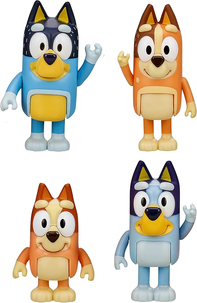 Bluey Family Figure 4-Pack – Includes Bluey, Bingo, Mum (Chilli) & Dad (Bandit), Poseable Collectible Toys for Kids, Durable Cake Toppers, for Toddlers & Fans, Ages 3+