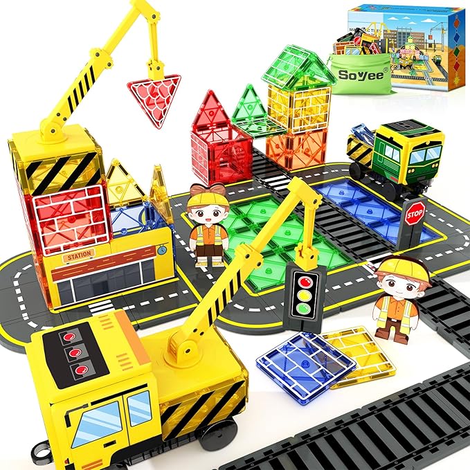 Magnetic Tiles Magnetic Construction Set with 2 Cranes Boys Toys for Ages 3-5 5-7 8-10 Building Toys Includes Crane, Road Tracks, Train, Train Tracks, Dolls, Car Toy, Traffic Lights and Stations