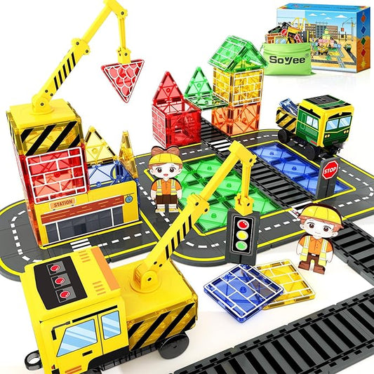 Magnetic Tiles Magnetic Construction Set with 2 Cranes Boys Toys for Ages 3-5 5-7 8-10 Building Toys Includes Crane, Road Tracks, Train, Train Tracks, Dolls, Car Toy, Traffic Lights and Stations