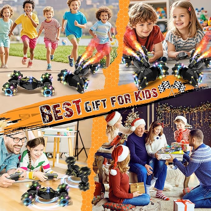 Remote Control Stunt Car Toys: Christmas Birthday Gifts for Boys Toys Ages 6-12 - 2.4Ghz Gesture Sensing Remote Control Cars with Light and Music Spray - 8WD Drift 360° Rotating RC Car for 7-14 Kids