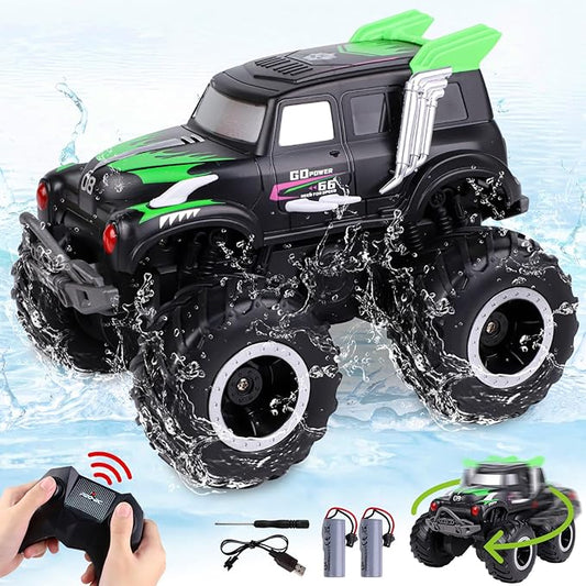 Amphibious Remote Control Cars, 1/20 Stunt RC Rock Crawler Monster Truck Toy with Two Alternative Rechargeable Batteries, All-Terrain 4WD Off-Road Vehicle Toys Gift for Kids Age 8-12 Green