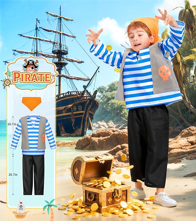 Jeowoqao Boy's Dress Up Costumes Set, Kids Role Play Set 11pcs Dress Up Trunk Pirate, Chef, Construction Worker, Policeman Costume For Kids Girls Toddler Age 3 4 5 6 Christmas Birthday Gift