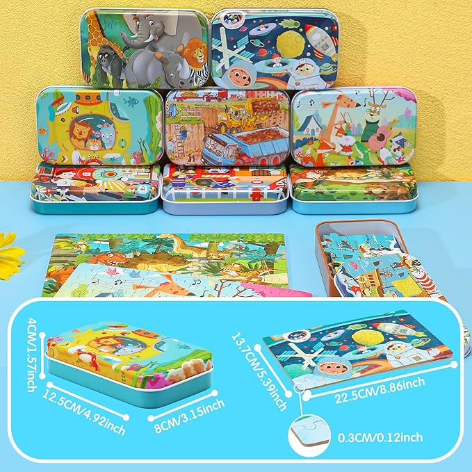 Libima 9 Boxes Party Favors Jigsaw Puzzles in a Metal Box for Age of 4-8 Wooden Puzzle for Ages 4-8 Boys and Girls Learning Educational Toys 9 Styles(Delicate Style)