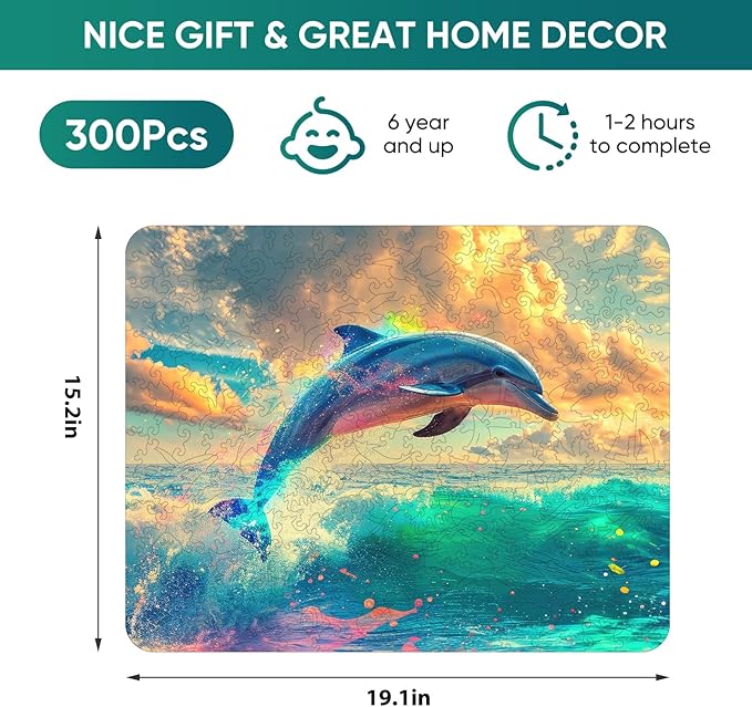 Wooden Puzzle for Adults, Dolphin Wooden Jigsaw Puzzles(19.1 * 15.2in-500pcs), Beautiful Wooden Puzzle with Box Birthday Gifts for Adults and Kids Family Game