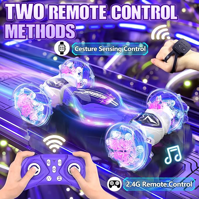 Gesture Sensing Remote Control Car Toys - Drift RC Stunt Car for Kids | 360° Rotating 4WD Transform RC Cars | 2.4Ghz Hand Controlled with Lights Music | Birthday to Boys (Purple)