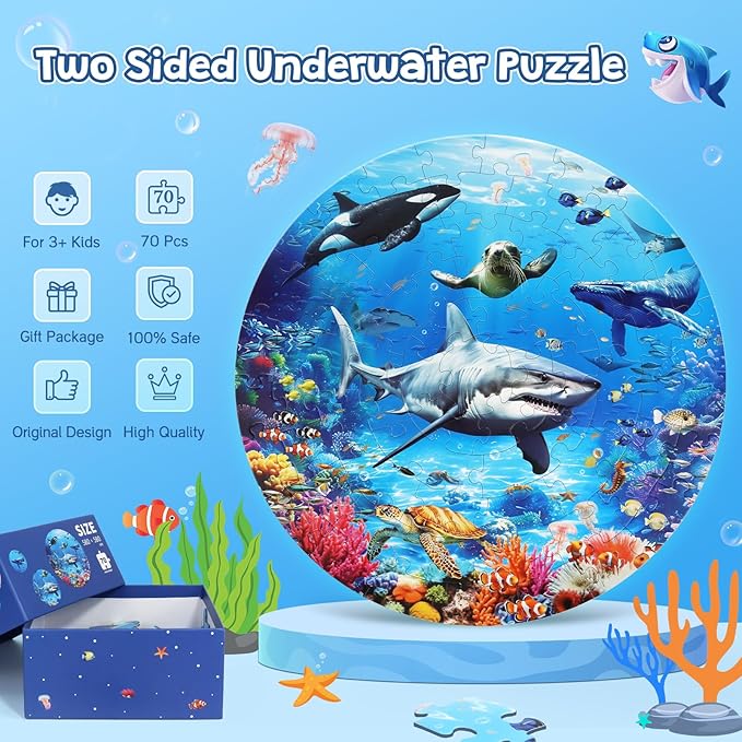 Underwater Ocean Floor Puzzle for Kids Ages 4-6, Shark Toys for Boys Girls, 70 Pieces Large Jigsaw Shark Puzzles for Kids Ages 3-8, Educational Ocean Animals Toys for Birthday Christmas
