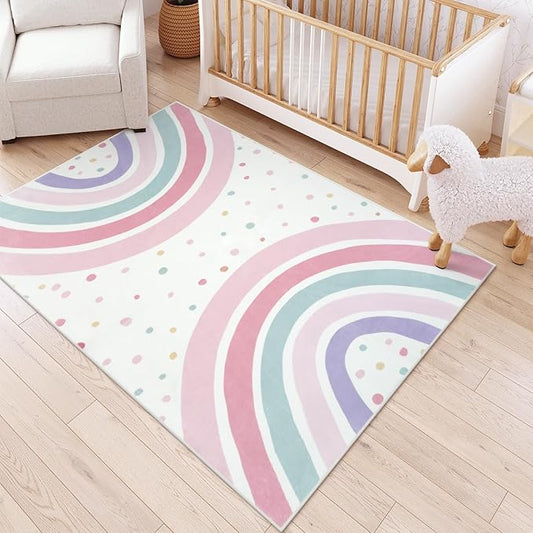 STARUIA 5x7 Washable Rainbow Rug for Kids Room Nursery, Soft Polka Dot Pink Rug for Bedroom Girls, Non-Slip Large Carpet Kids Area Rug for Playroon Princess Castle