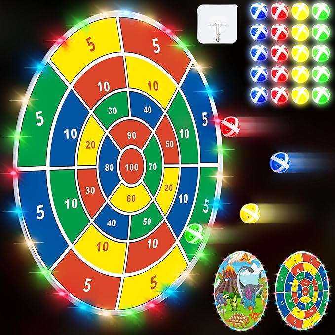 36" Large LED Dart Board, Double Sided Dartboard with 20 LED Sticky Balls Dinosaur Fun Giant Dartboard Shooting Toys Indoor Outdoor Sport Toys Dartboards Party Play Game Toys, Birthday Gifts