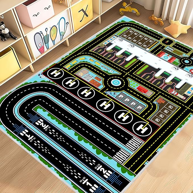 Kids Car Rug Carpet Playmat for Play Toy Cars, Airplane Road Airport Parking Track Rugs Carpet for Playroom Nursery Classroom Kids Room, Car Play Floor Mat Great Gift for Boy Girl 4x6ft