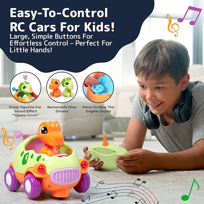 PREXTEX Dino Remote Control Car - Cartoon Style Dinosaur Remote Car with Music and Lighting - Disassemblable and Assemblable - Forward and Rotational Movement - Plastic - Multi-Color