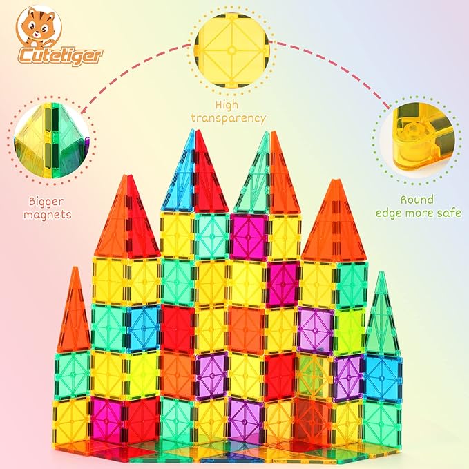 Magnetic Tiles, 64PCS Magnet Building Toys, Magnetic Building Set, Stacking Blocks, Perfect STEM Toys Gift for Kids Boys and Girls