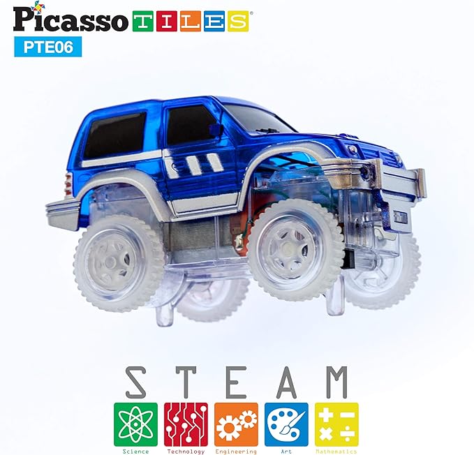PicassoTiles 3 pcs Magnetic Toy Car Set Light Up LED Highly Detailed Compatible with Magnet Race Track STEM Truck Replacement Accessories Educational Building Kits for Toddlers Boys & Girls Ages 3+