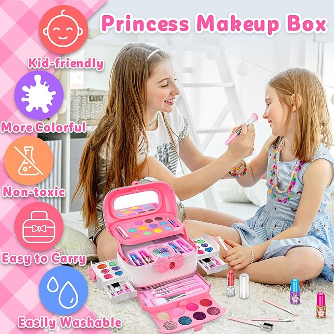 Hollyhi 58 Pcs Kids Makeup Kit for Girl, Princess Toys Real Washable Cosmetic Set with Mirror, Kids Makeup Sets for Girls, Play Make Up Birthday Gifts for 3 4 5 6 7 8 9 10 11 12 Years Old Kid (Pink)