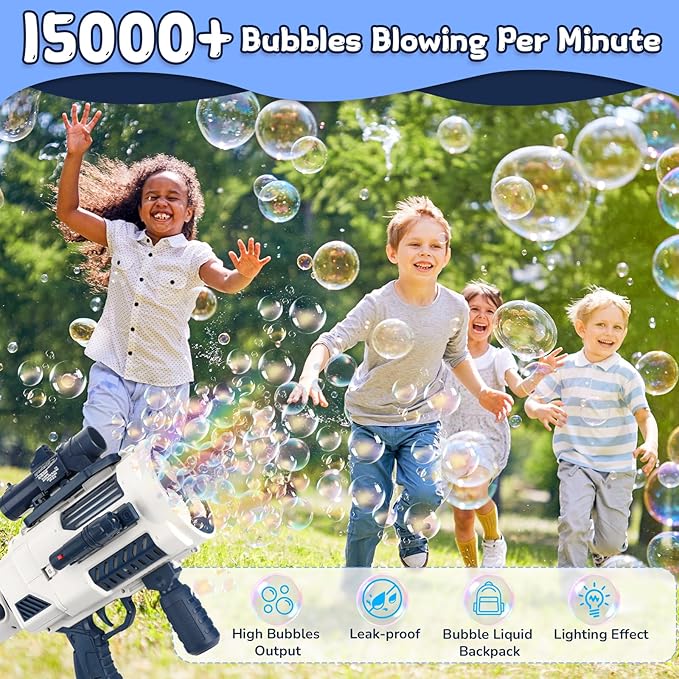 Bubble Gun, Upgrade Gatling Bubble Machine Gun Portable Bubble Maker with Backpack, Anti-Leakage Bubble Blower Gun Gifts for Boys Girls Age 3 4 5 6 7 8 9 10 11 12 Years Old (Blue)