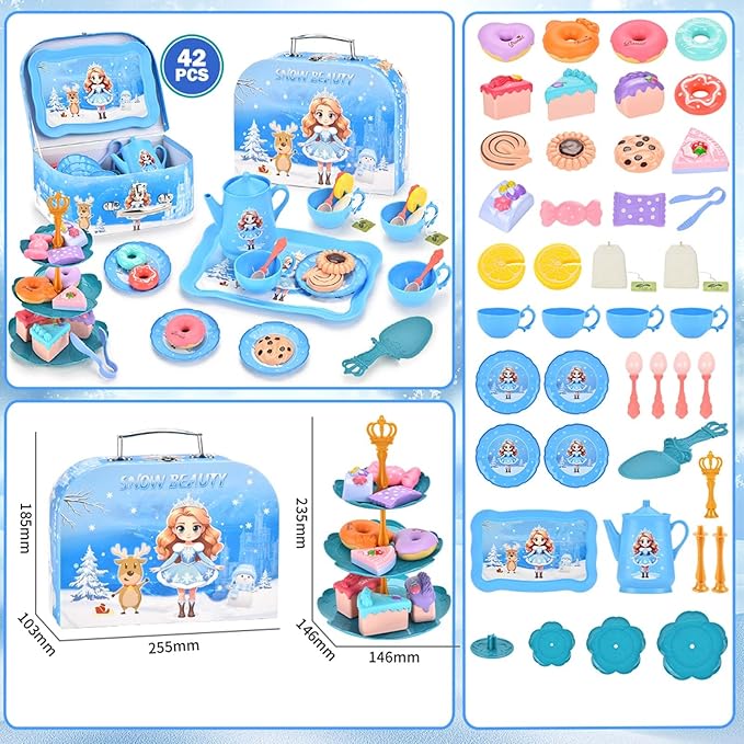 42-Piece Princess Tea Party Set – Kids Pretend Play Tea Set with Desserts & Carrying Case – Kitchen Toy for Little Girls, Toddlers Ages 3-8